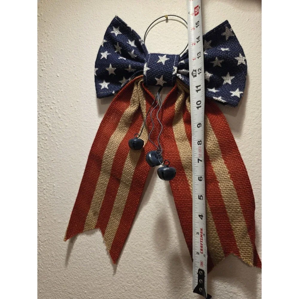 4th of July Patriotic Stars & Stripes Bow w/ Bells Welcome Door Hanger